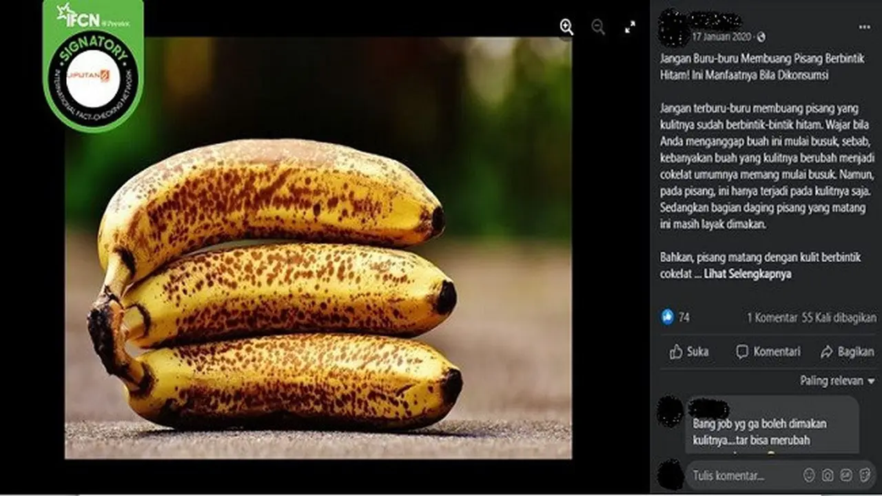 Gambar Tangkapan Layar Klaim Pisang Berbintik Hitam Mengandung TNF Antikanker (sumber: Facebook).