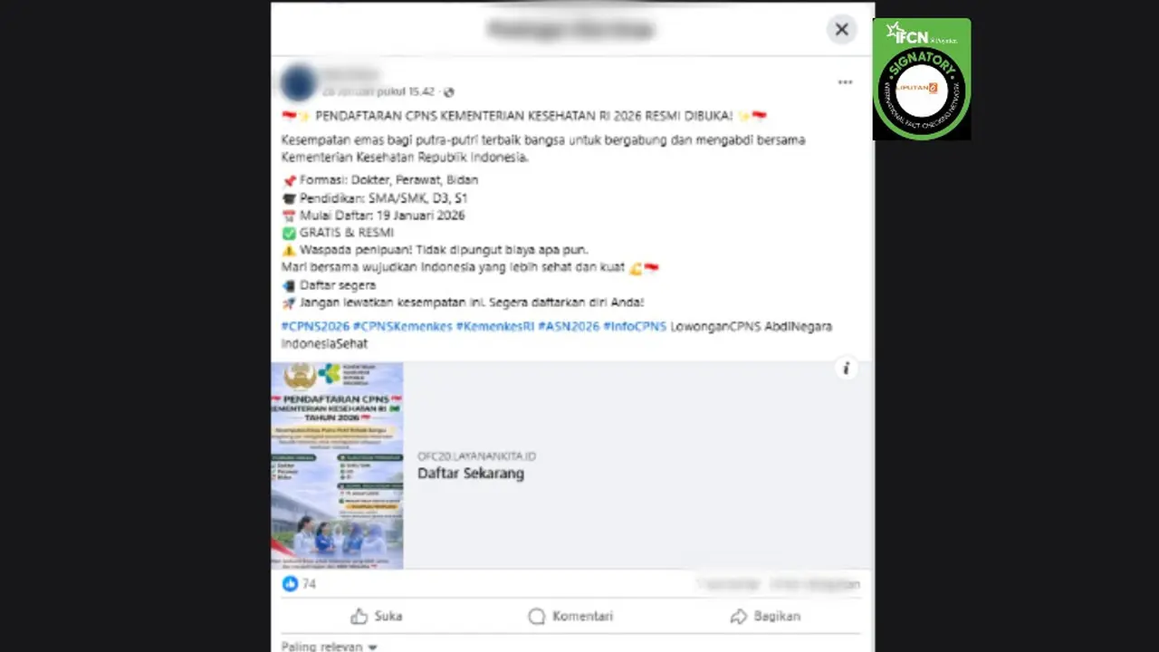 Cek Fakta Liputan6.com mendapati klaim link pendaftaran CPNS Kementerian Kesehatan (Kemenkes) 2026.