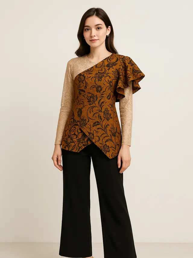 Model Batik Brokat Kombinasi Lengan Ruffle Modern