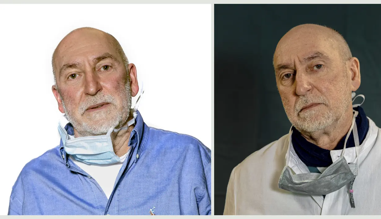 Kepala ICU dokter ahli bedah Gabriele Tomasoni berpose di rumah sakit Spedali Civili di Brescia, Italia utara pada 27 Maret 2020 (kanan) dan pada 2 Desember 2020. Lebih dari delapan bulan Gabriele menjadi salah satu pahlawan medis yang berjuang membantu pasien COVID 19. (AP Photo/Luca Bruno)