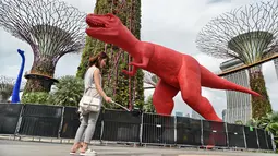 Pengunjung mengambil gambar patung dinosaurus yang terpajang di Gardens by the Bay, Singapura, Senin (28/2). Rencananya akan dipamerkan sebanyak 11 dinosaurus beraneka warna untuk merayakan Festival Anak di Singapura. (AFP PHOTO / Roslan RAHMAN)