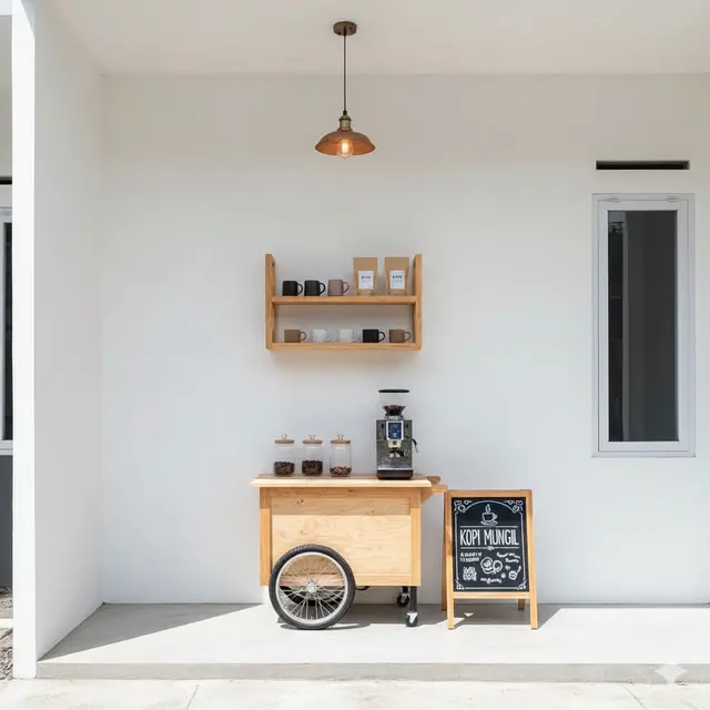 Desain Teras Rumah Mungil untuk Usaha Kopi Take Away Tren 2025. Gemini