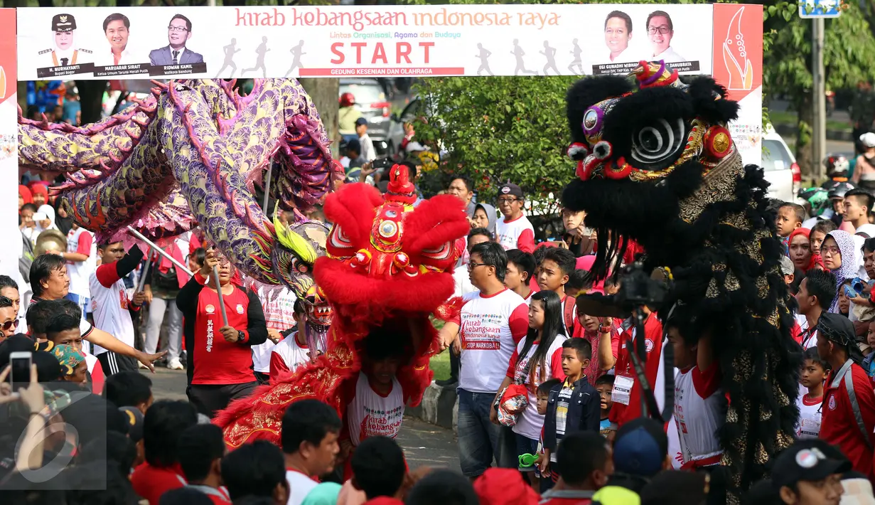 Peserta memainkan kesenian tradisional barongsai saat Kirab Kebangsaan Indonesia Raya di Cibinong, Kab Bogor, Minggu (14/5). Kirab diikuti puluhan organisasi kepemudaan se Kabupaten Bogor. (Liputan6.com/Helmi Fithriansyah)