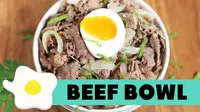 Penasaran dengan cara membuat beef bowl ala Jepang? Simak resep menarik berikut ini. (Foto: Kokiku Tv)
