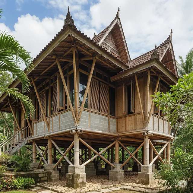 Rumah Panggung Bambu dengan Dinding Batako