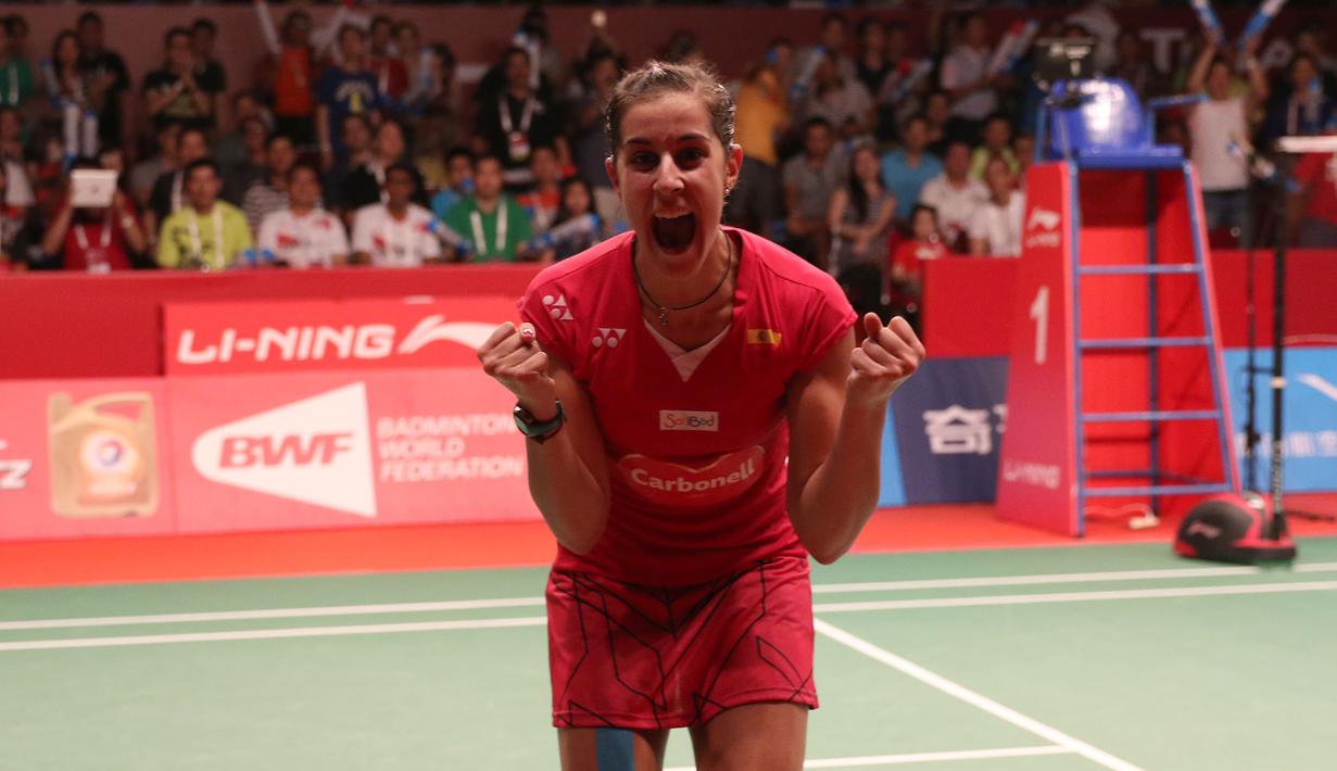 Teriakan keras ciri khas Carolina Marin pun menggema di akhir pertandingan. Minggu (16/8/2015). (Bola.com/Arief Bagus)
