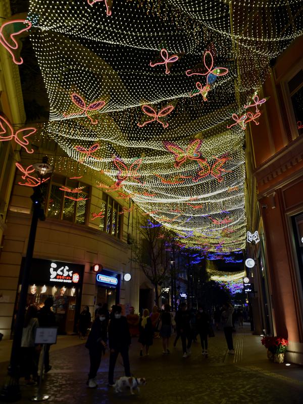 Instalasi cahaya di Lee Tung Street di Wan Chai, Hong Kong, China selatan (8/12/2020). Sebuah instalasi cahaya besar yang menggunakan teknologi kecerdasan buatan dengan tema 