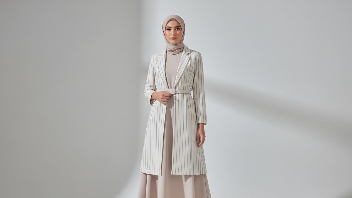 7 Model Gamis Kombinasi Blazer Motif Garis untuk Tampilan Chic Kasual, Padu Padan Inovatif