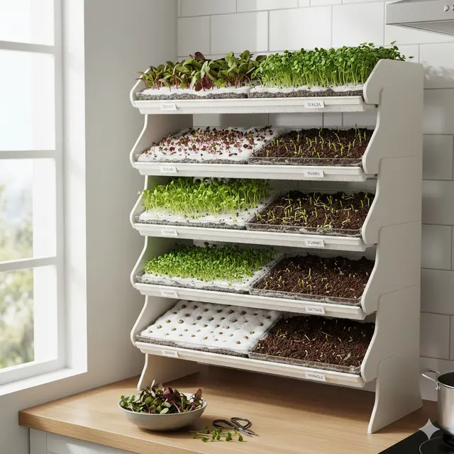 Kebun Microgreens di Rak Minimalis (Gemini AI)