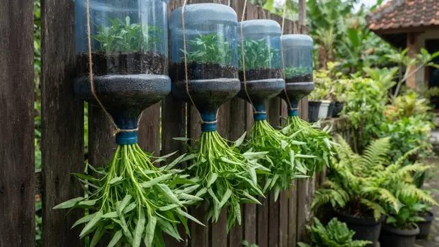 Ide Galon Bekas Jadi Pot Kangkung Gantung di Pagar Rumah