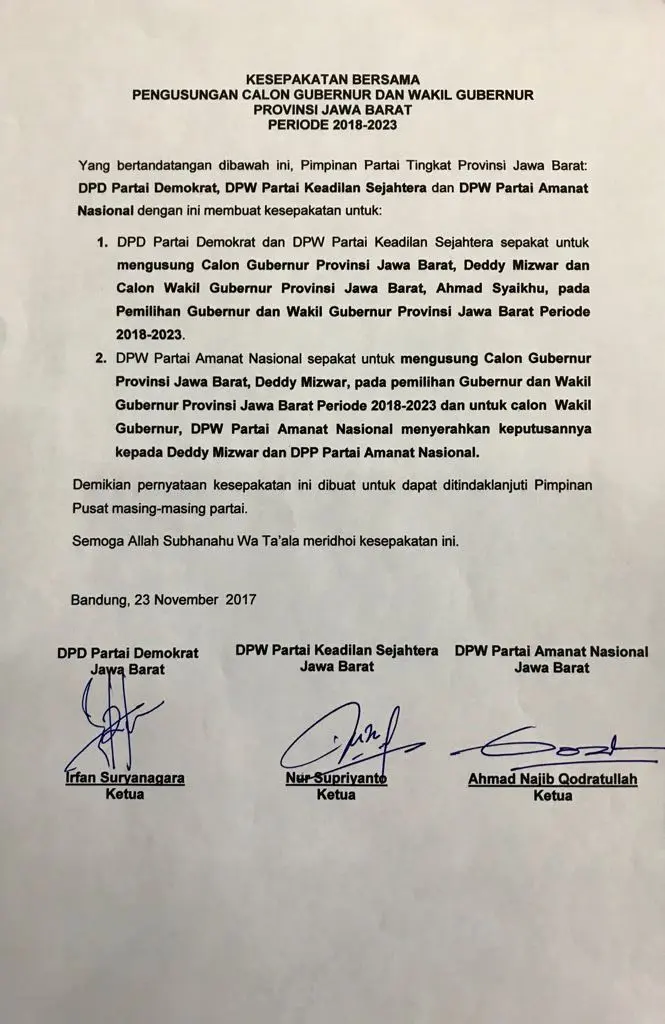 Surat rekomendasi untuk Deddy Mizwar-Achmad Syaikhu