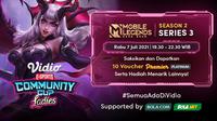 Vidio Community Cup Ladies - Mobile Legends Series 3, Rabu (7/7/2021) dapat disaksikan melalui platform Vidio, laman Bola.com, dan Bola.net. (Dok. Vidio)