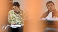 Ekspresi mantan Direktur PT Bursa Berjangka Jakarta Bihar Sakti Wibowo saat mendengarkan keterangan saksi pada sidang lanjutan kasus penyuapan Kepala Bappeti Syahrul R Sempurnajaya, di Pengadilan Tipikor, Jakarta, Senin (6/7). (Liputan6.com/Helmi Afandi)