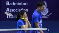 Ekspresi Rinov Rivaldy/Pitha Haningtyas Mentari setelah kalah pada babak pertama Thailand Masters 2020, Rabu (22/1/2020). (PBSI)