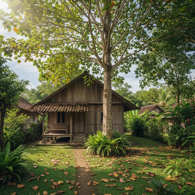 Rumah Desa dengan Pohon Besar di Tengah Halaman (Gemini AI)