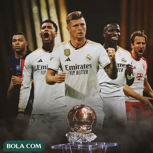 Ilustrasi - Kylian Mbappe, Jude Bellingham, Toni Kroos, Vinicius Junior, Harry Kane Nunasa Ballon d'Or