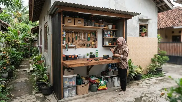 Desain gudang mini 1x2 meter di samping rumah sebagai contoh yang bisa jadi ruang serbaguna model gudang sekaligus area kerja