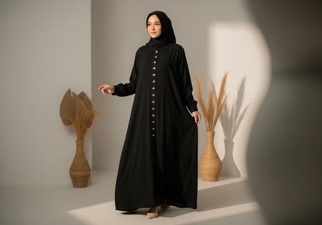 5. Gamis Hitam Aksen Kancing Emas