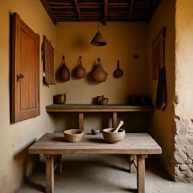 Model Dapur Rustic Sederhana dari Kayu Lokal di Rumah Kampung. Gemini