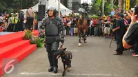 Anggota Polisi berjalan sambil membawa anjing pelacak saat parade busana POLRI di car free day di Bunderan HI, Jakarta (5/2). Kegiatan ini menarik perhatiaan para warga yang sedang menikmati car free day. (Liputan6.com/Angga Yuniar)