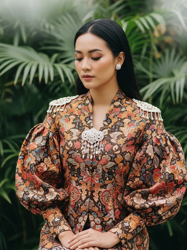 Tunik Batik Kombi Brokat Lengan Balon Motif Modern