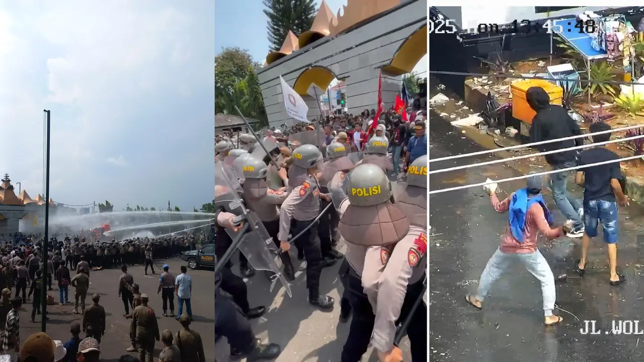 Tangkapan layar rekaman video memperlihatkan massa aksi petani singkong bentrok dengan polisi di Gerbang Pemprov Lampung. Foto : (Istimewa).