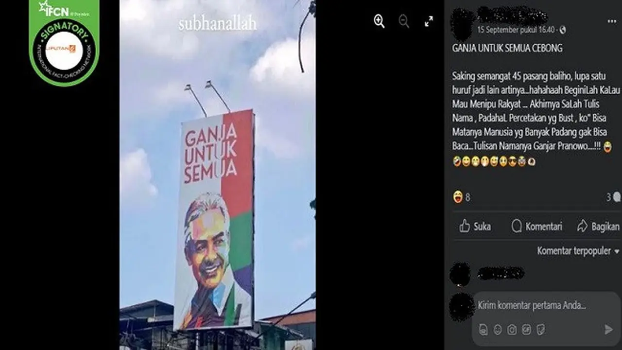 Gambar tangkapan layar foto yang diklaim baliho Ganjar Pranowo bertuliskan "GANJA UNTUK SEMUA". (sumber: Facebook)