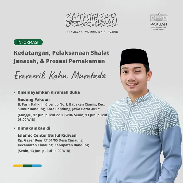 Jenazah Eril Akan Disemayamkan dan Disalatkan di Gedung Negara Pakuan Bandung