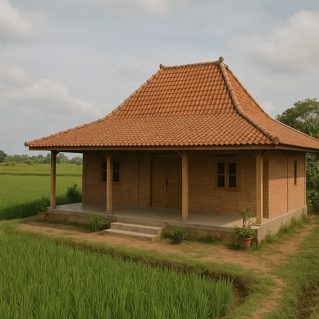 Gambar Rumah Klasik Jawa Sederhana di Tepi Sawah