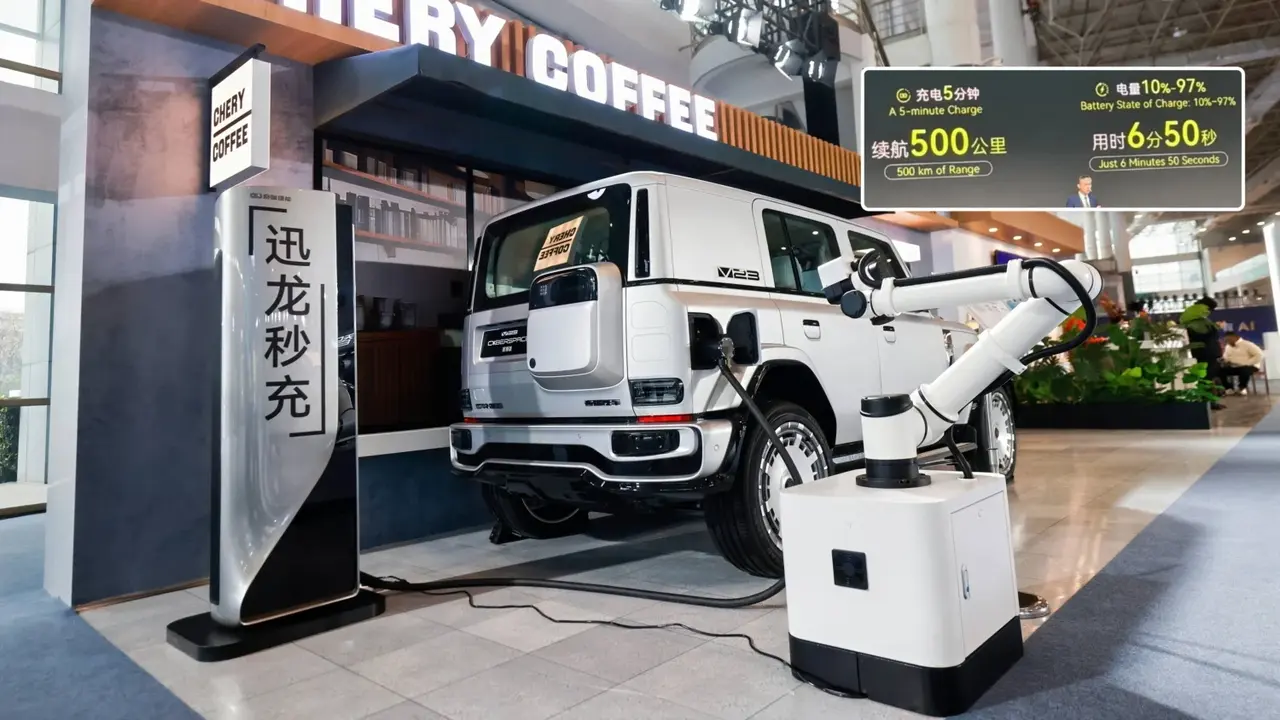 Demonstrasi Pengisian Daya Otomatis Chery Volt-Dragon Berbasis Lengan Robot