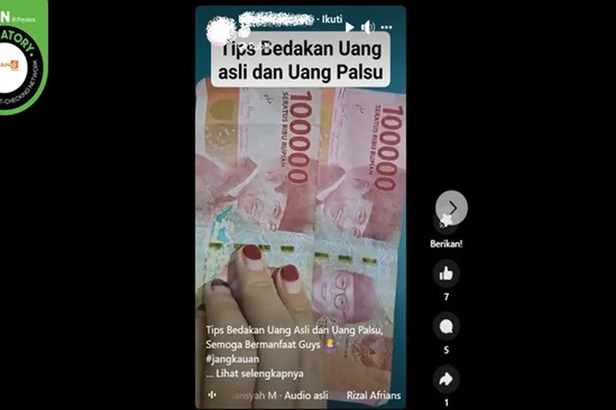 Gambar tangkapan layar video yang klaim tentang mengelupas dapat mendeteksi uang palsu. (sumber: Facebook)