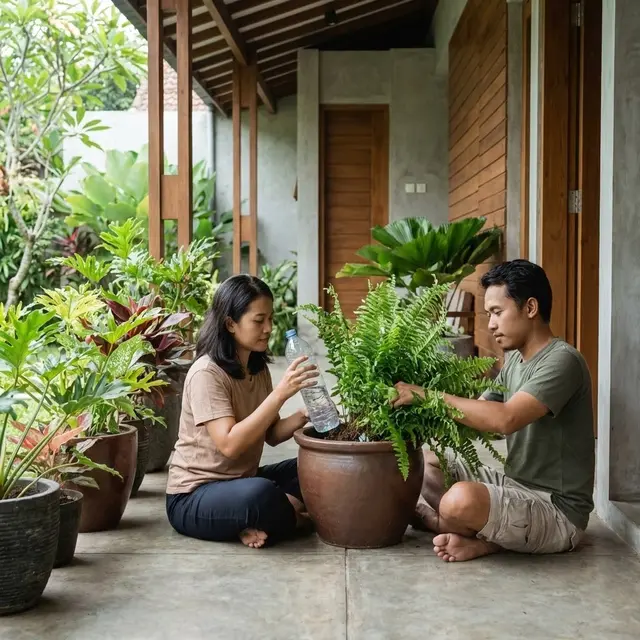 Botol air diletakkan di dalam pot keramik (Gemini AI)