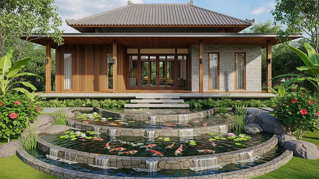 Desain Rumah Desa dengan Kolam Ikan Depan Teras