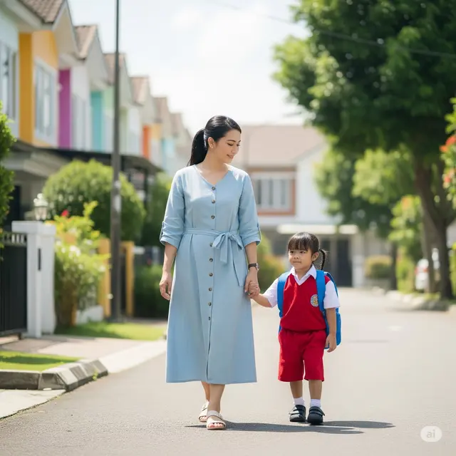 Outfit Ibu Antar Anak Sekolah. Foto: Gemini