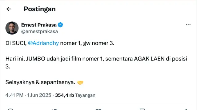 Unggahan Ernest Prakasa. (Foto: Dok. Twitter @ernestprakasa)
