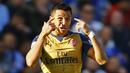 Ekspresi penyerang Arsenal, Alexis Sanchez usai mencetak gol ke gawang Leicester pada laga Liga Inggris di Stadion King Power, Inggris, Sabtu (26/9/2015). (Reuters/Darren Staples)