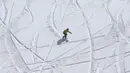 Pemain ski menuruni lereng di resor ski Dizin, sebelah utara ibu kota Tehran, Iran, Kamis (8/3). Kualitas salju di Dizin sangat baik sehingga menjadi saingan berat resor Rocky Mountain di Eropa. (AP Photo/Vahid Salemi)