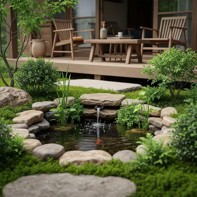 Contoh Taman Mini dengan Kolam Kecil di Rumah Desa (Image by Gemini AI)