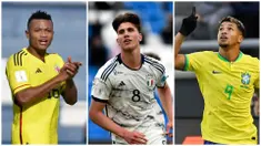 Foto kolase dari pemain Timnas Kolumbia U-20, Cesare Cortes (kiri), pemain Timnas Italia U-20, Cesare Casedei (tengah), dan pemain Timnas Brasil U-20, Marcos Leonardo (kanan) saat berlaga di Piala Dunia U-20 2023 yang berlangsung di Argentina. (AFP)