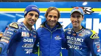 Duo Suzuki Ecstar, Andrea Iannone dan Alex Rins, mencatatkan prestasi terbaik sepanjang MotoGP 2017 di Sirkuit Motegi setelah finis di urutan keempat dan kelima. (Twitter/@suzukimotogp)