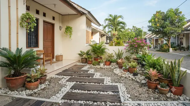 Gaya taman kering estetik ala resort di rumah mungil jadi ekslusif model dengan unsur kayu