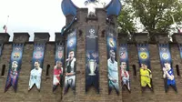 Bendera para kontestan Liga Champions dipajang di Cardiff Castle, Wales. (Liputan6.com/Harley Ikhsan)