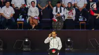Presiden RI terpilih 2019-2014, Joko Widodo saat menyampaikan pidato Visi Indonesia di SICC, Sentul, Kab Bogor, Jawa Barat, Minggu (14/7/2019). Acara ini dihadiri sejumlah menteri kabinet kerja serta Wakil Presiden terpilih 2019-2024, KH Ma’ruf Amin. (Liputan6.com/Helmi Fithriansyah)
