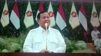 Ketua Umum Partai Gerindra Prabowo Subianto sambutan Rapat Pimpinan Nasional (Rapimnas) Partai Gerindra yang digelar di Indonesia Arena, Senayan, Jakarta, Sabtu (31/8/2024).