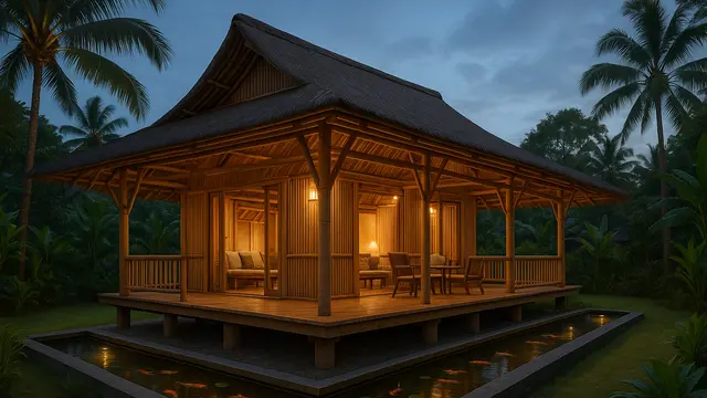 Model Rumah Bambu Gaya Bali Dengan Kolam Ikan/Ilustrasi gambar AI