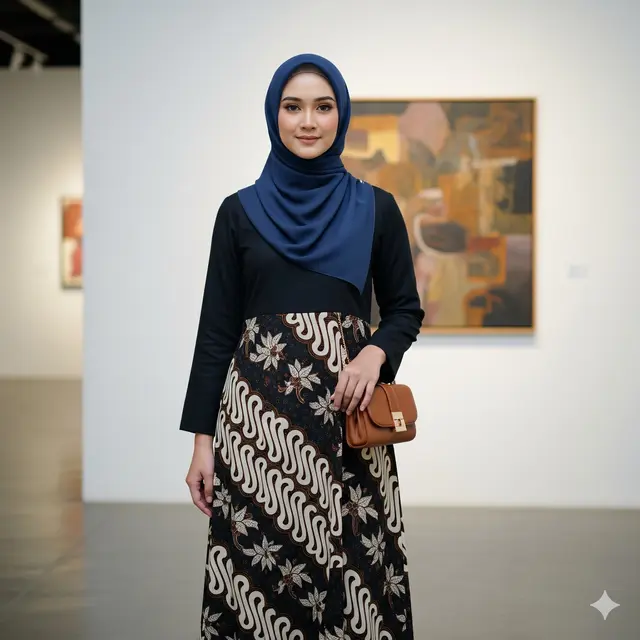 Gamis Batik Motif Parang Kombinasi Polos