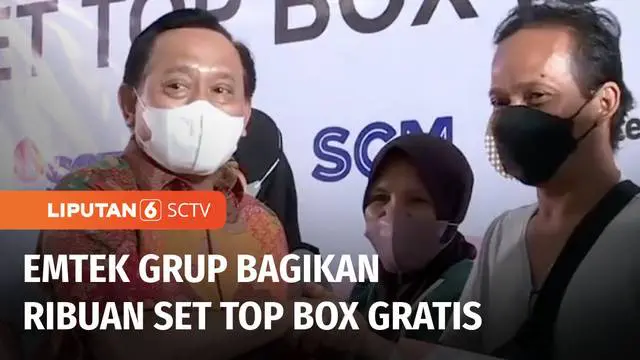 PT Surya Citra Media yang tergabung dalam Emtek Grup menyerahkan bantuan ribuan set top box gratis bagi warga kurang mampu di Bekasi. Bantuan perangkat siaran televisi digital ini disambut gembira oleh warga.
