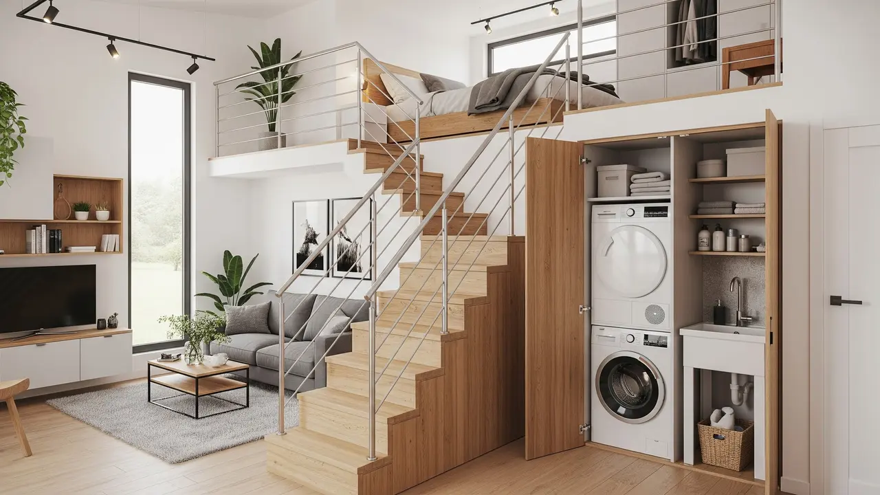 Inspirasi Rumah Kecil Mezzanine dengan Area Laundry Tersembunyi di Bawah Tangga/ Ilustrasi gambar AI