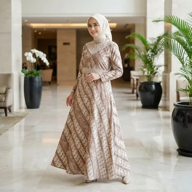 Gamis Batik A-line Minimalis dengan Detail Brokat Lembut