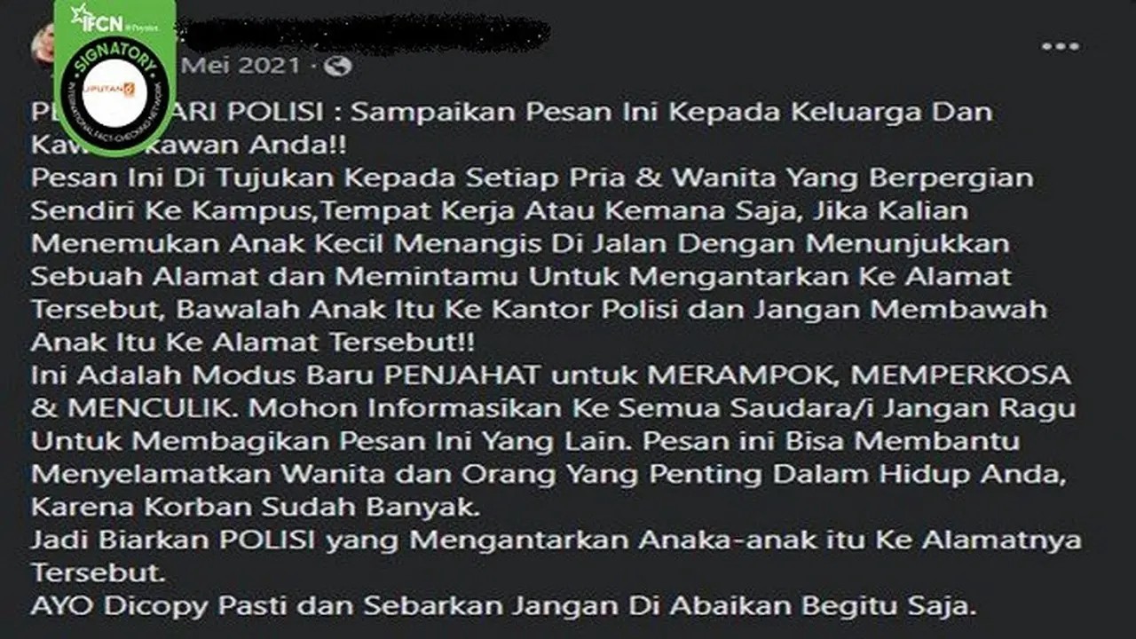 Gambar Tangkapan Layar Informasi Palsu Modus Kejahatan Memanfaatkan Anak Kecil Menangis di Jalan (sumber: Facebook).